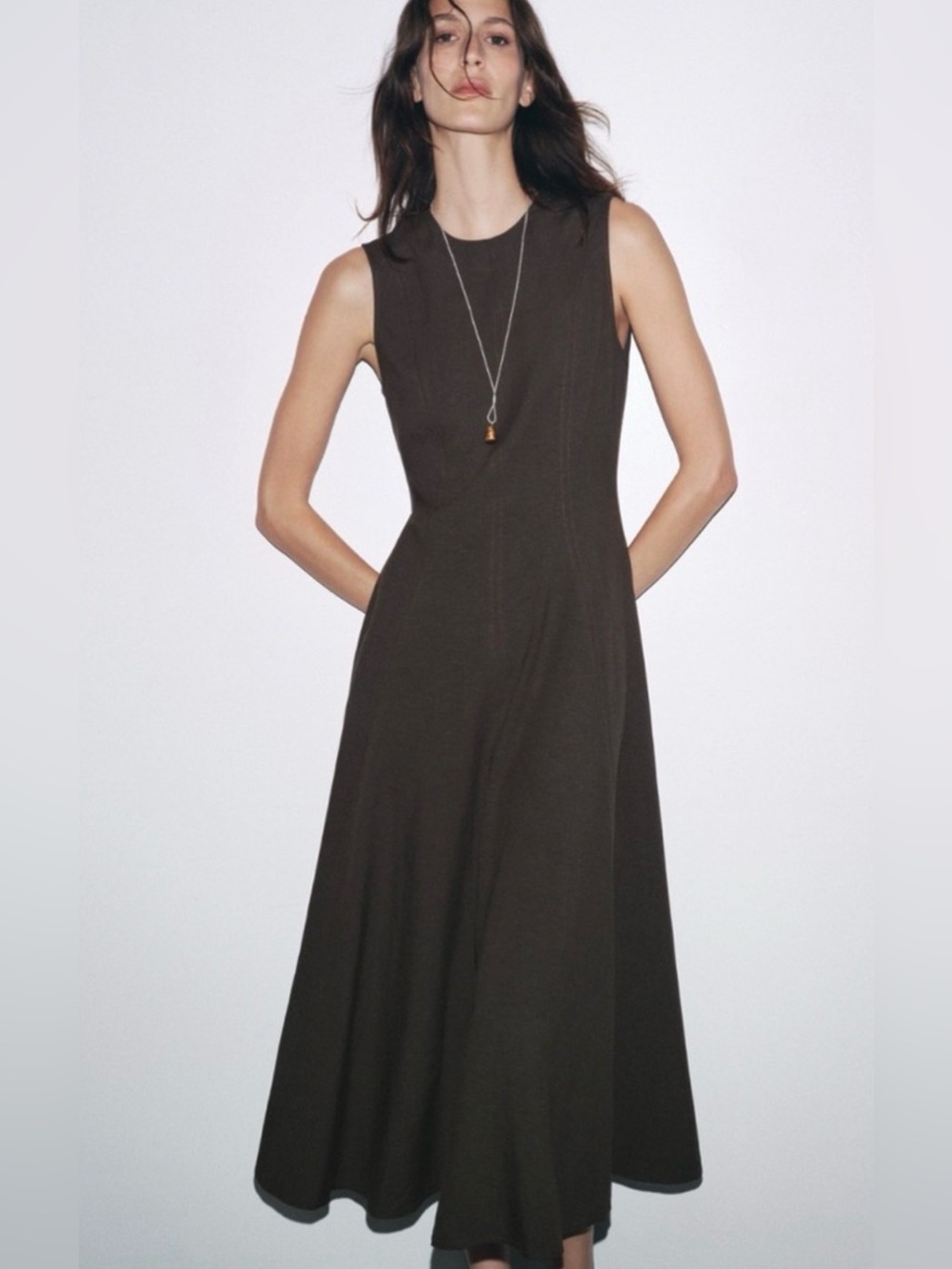 Zara Linen Midi Dress Sleeveless Flare Hem Round Neckline Brown Small